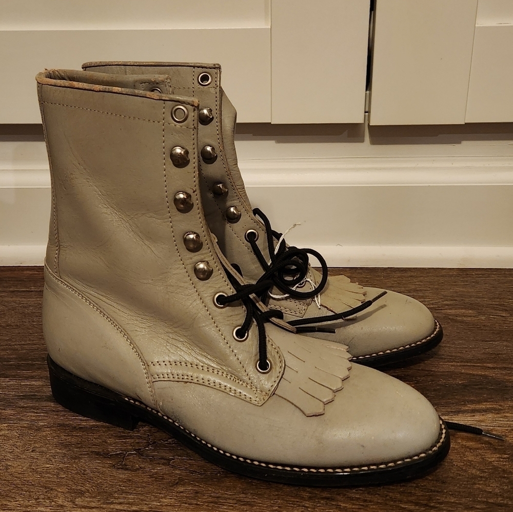 Vintage Cowtown White Leather Packer Boots Lace Up Western Kiltie Fringe 7.5
